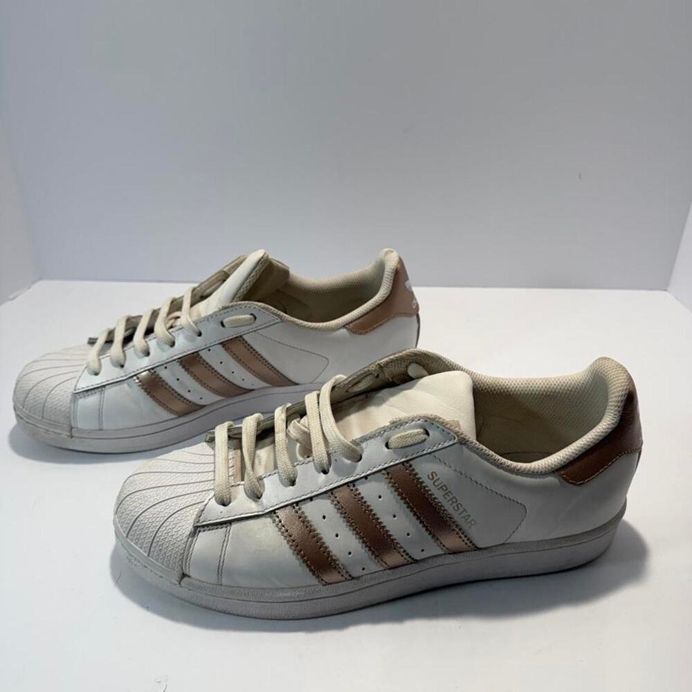 Adidas Superstar Womens 8.5 White Rose Gold Copper Metallic Shell Toe Sneakers